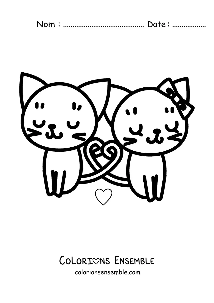 Image à colorier de tendres chatons amoureux dont les queues dessinent un coeur