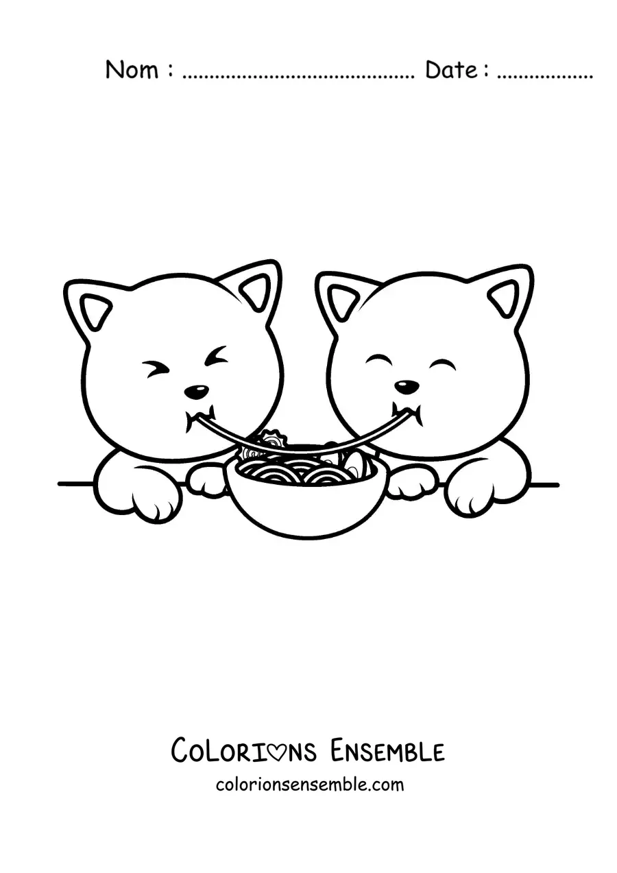 Image à colorier de chatons amoureux dînant de spaghettis