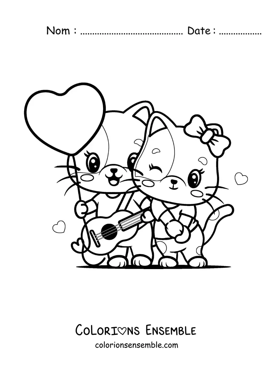 Image à colorier de chatons rockeurs amoureux avec un ballon en forme de coeur