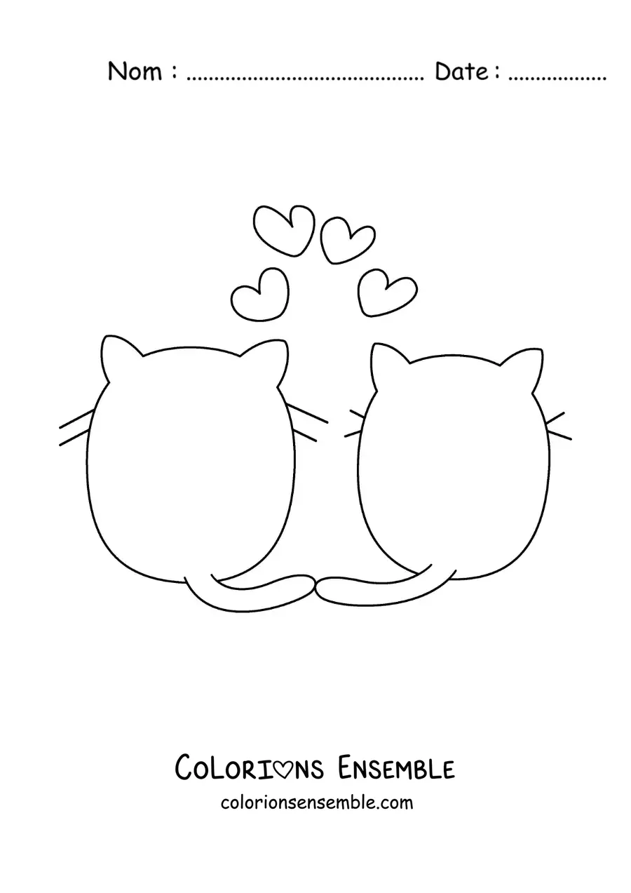 Image à colorier de la silhouette de deux chats amoureux avec des coeurs