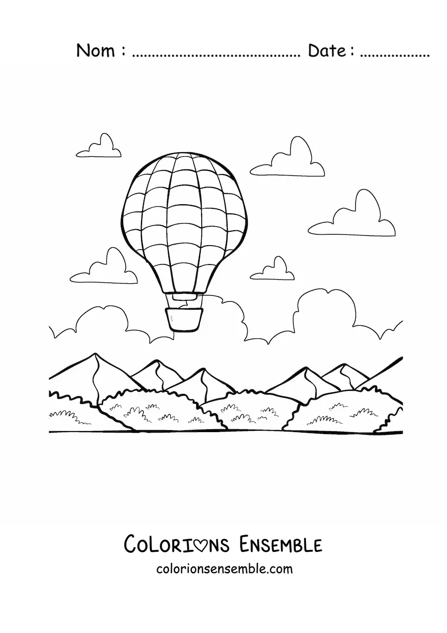 Image à colorier d'une montgolfière qui vole au-dessus des montagnes
