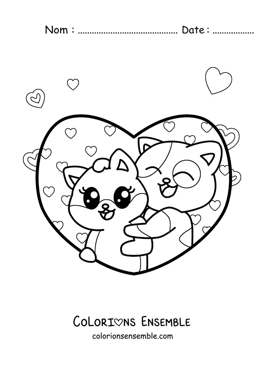 Image à colorier de deux tendres chats amoureux entourés de coeurs