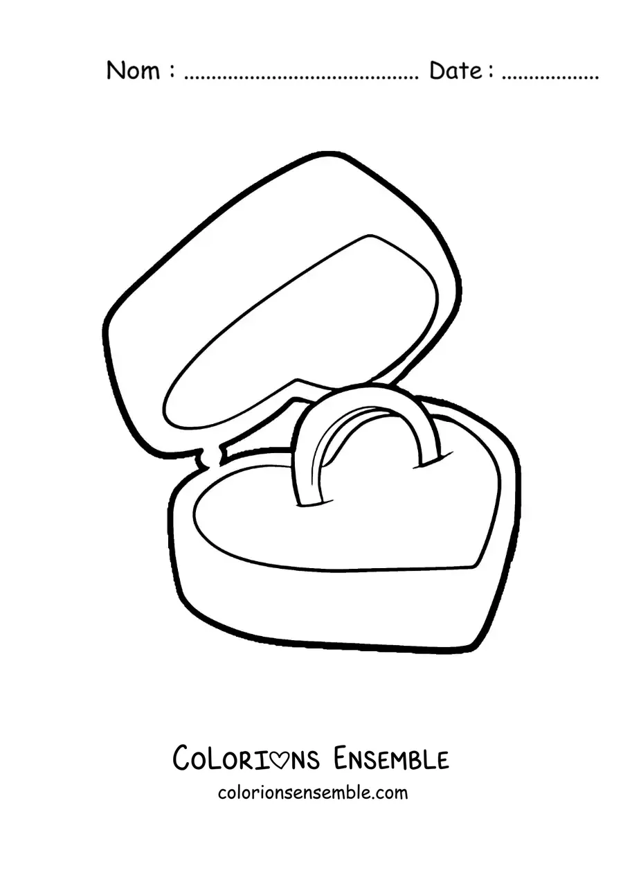 Image à colorier d'une bague de fiançailles dans une boîte en forme de coeur