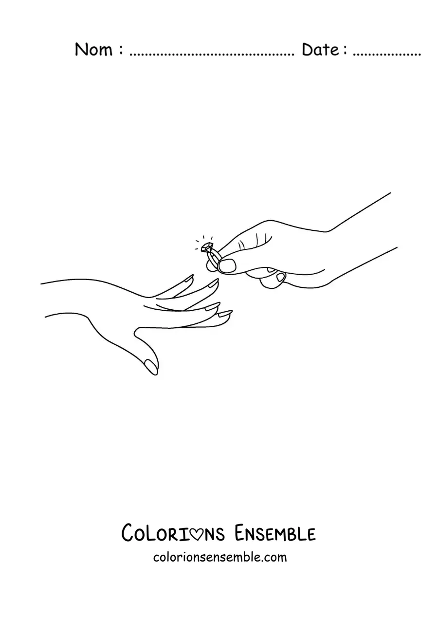 Image à colorier d'une main avec une bague de fiançailles