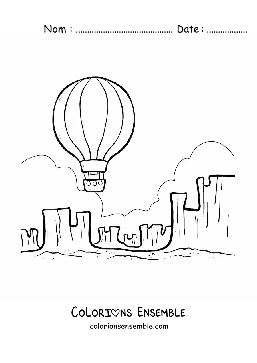 Image à colorier d'une montgolfière qui vole au-dessus du désert