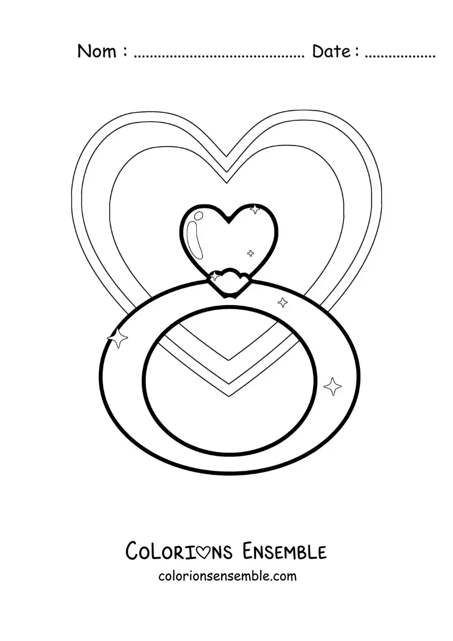Image à colorier d'une bague en forme de coeur avec des coeurs en arrière-plan