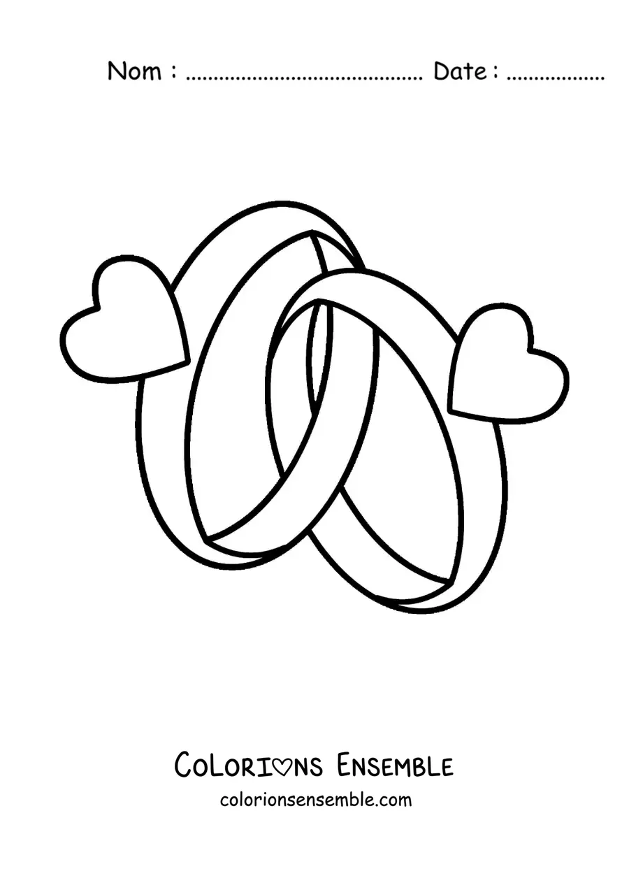 Image à colorier d'alliances de mariage entrelacées avec des coeurs
