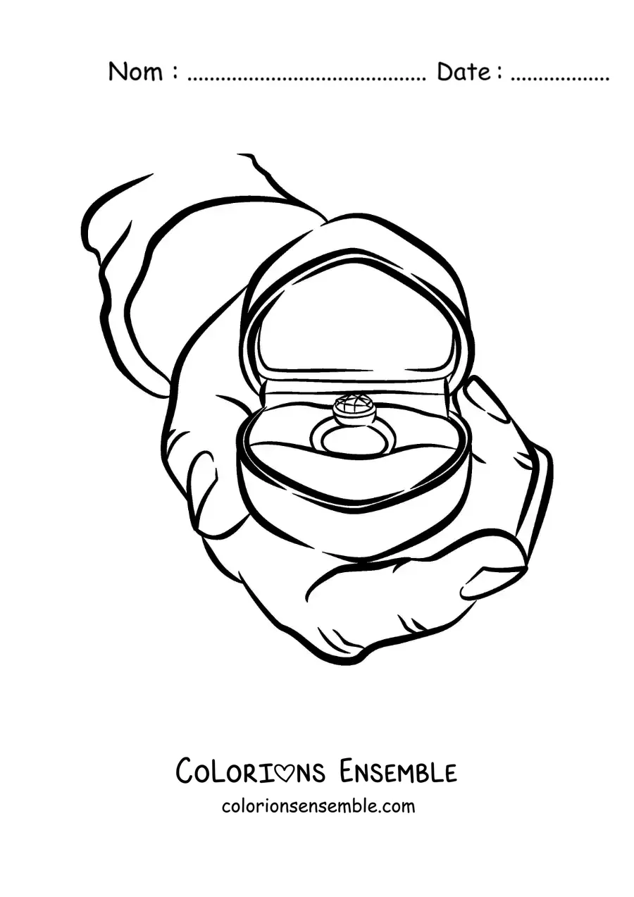 Image à colorier d'une main avec une bague de fiançailles dans son écrin en forme de coeur