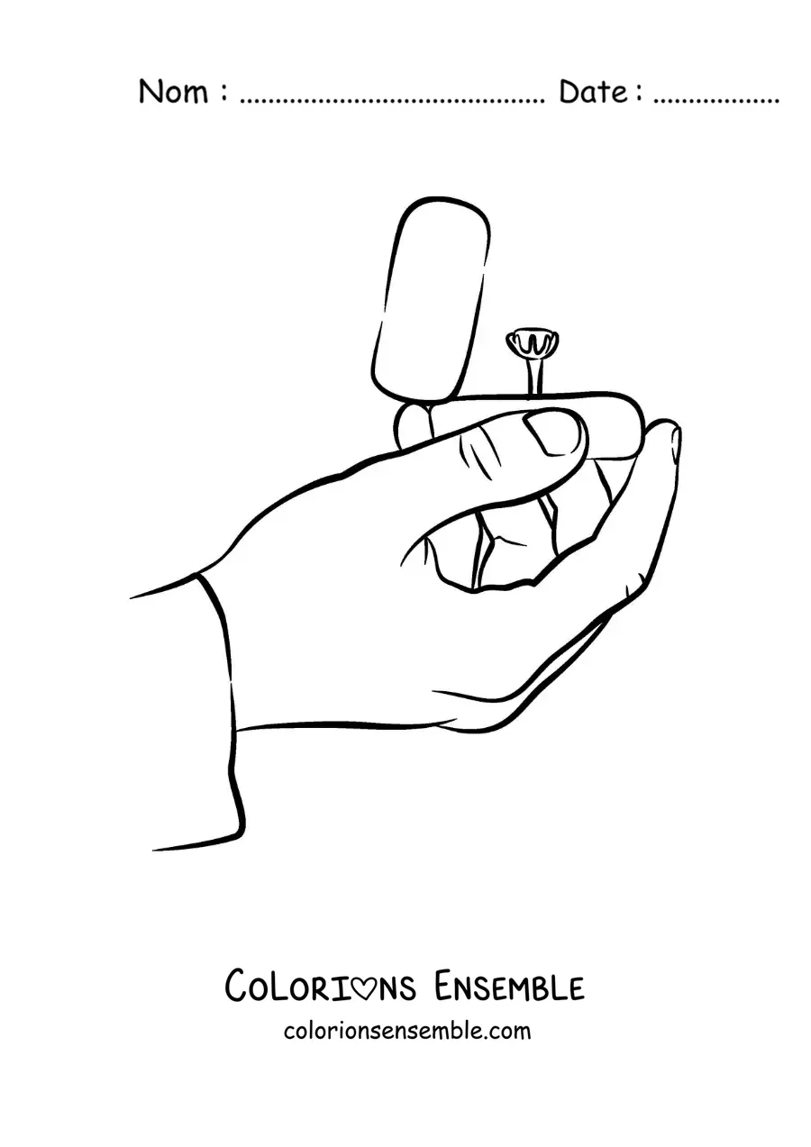 Image à colorier d'une main avec une bague de fiançailles dans son écrin
