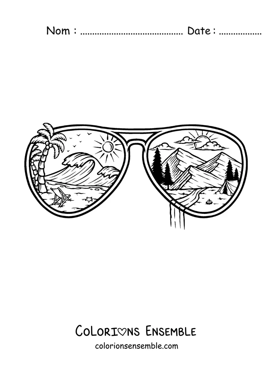 Image à colorier de lunettes de soleil reflétant un paysage