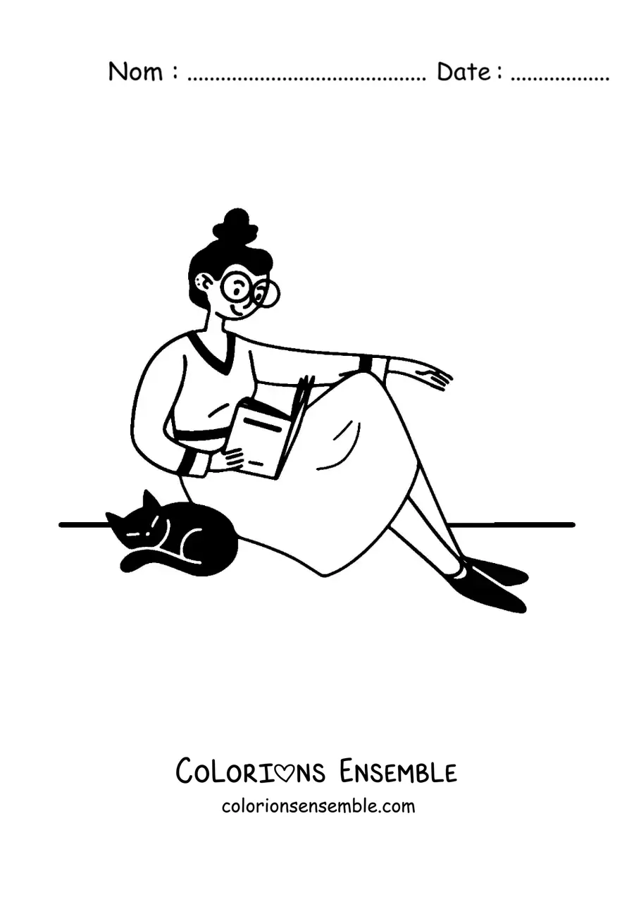 Image à colorier d'une fille à lunettes assise en train de lire à côté de son chat