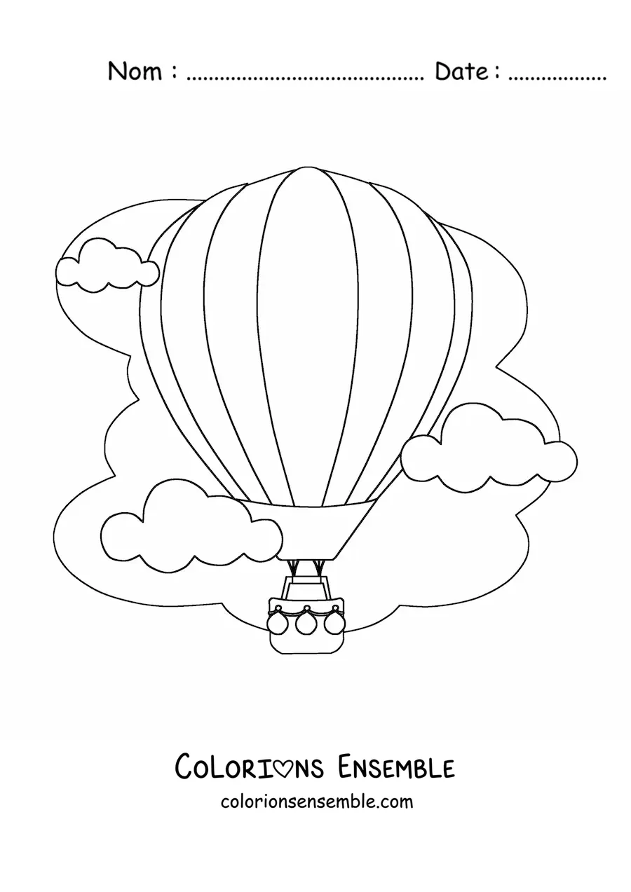 Image à colorier d'une montgolfière parmi les nuages dans le ciel