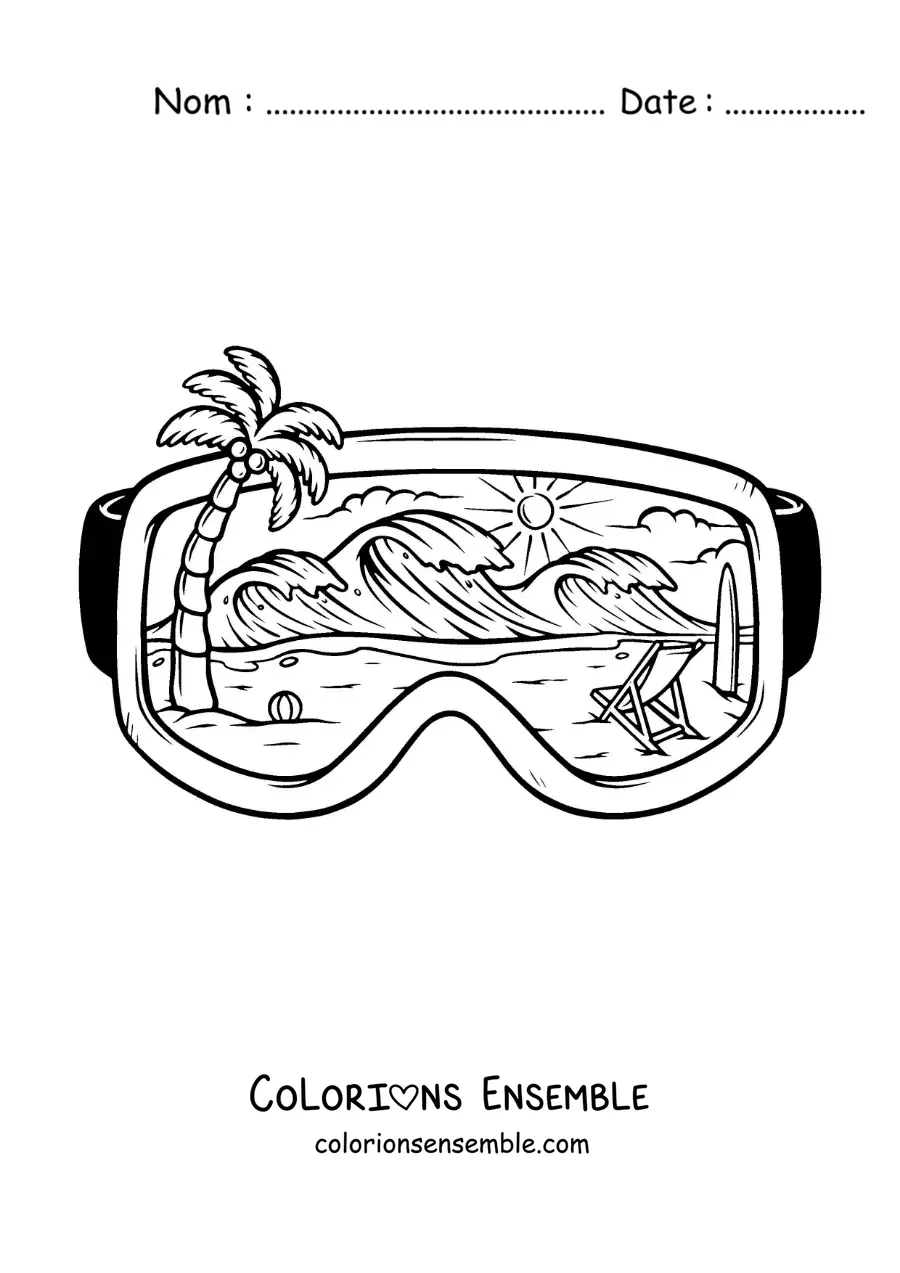 Image à colorier de lunettes de plongée avec un paysage de plage