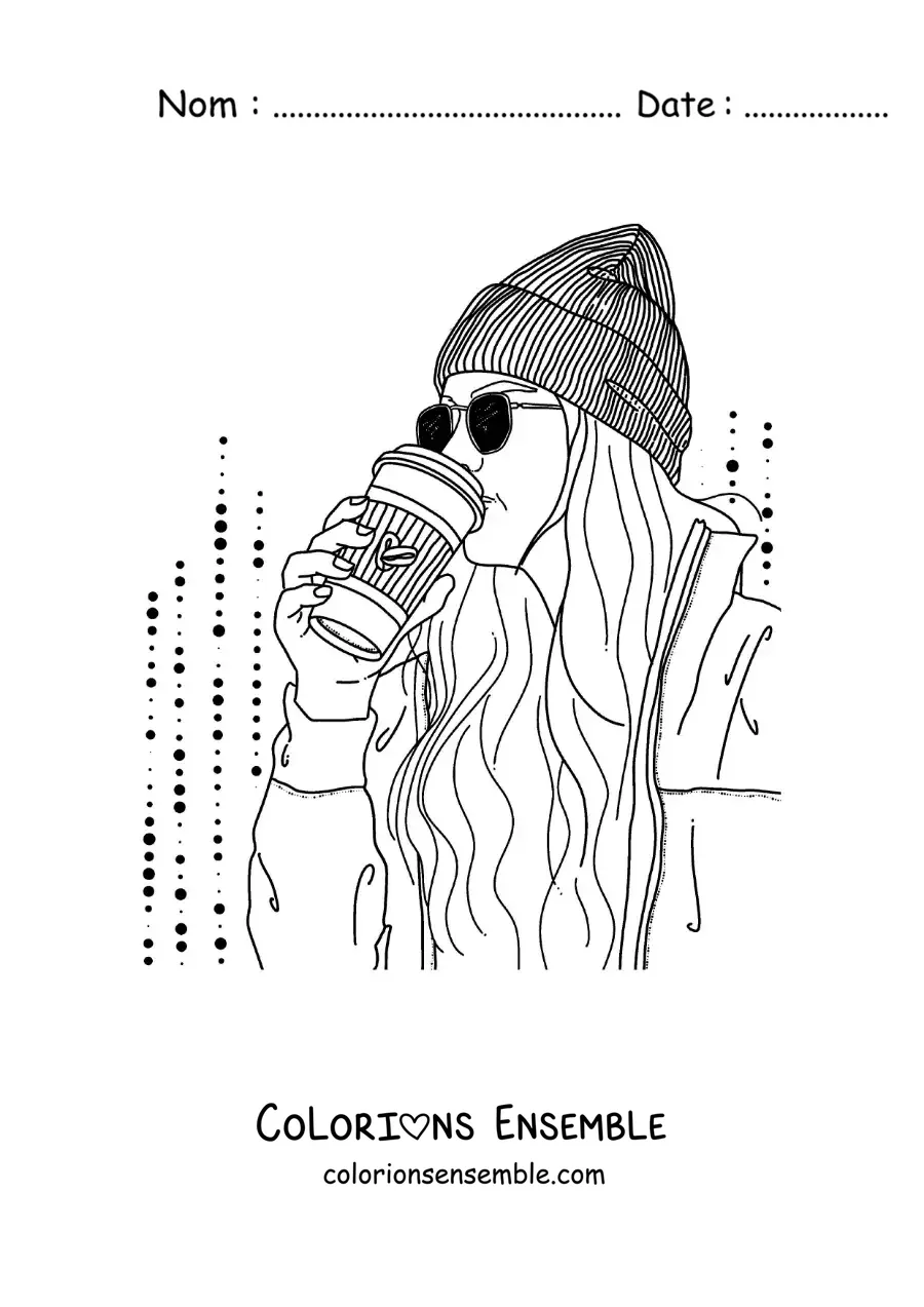 Image à colorier d'une fille au style tumblr avec des lunettes et un bonnet en train de boire un café
