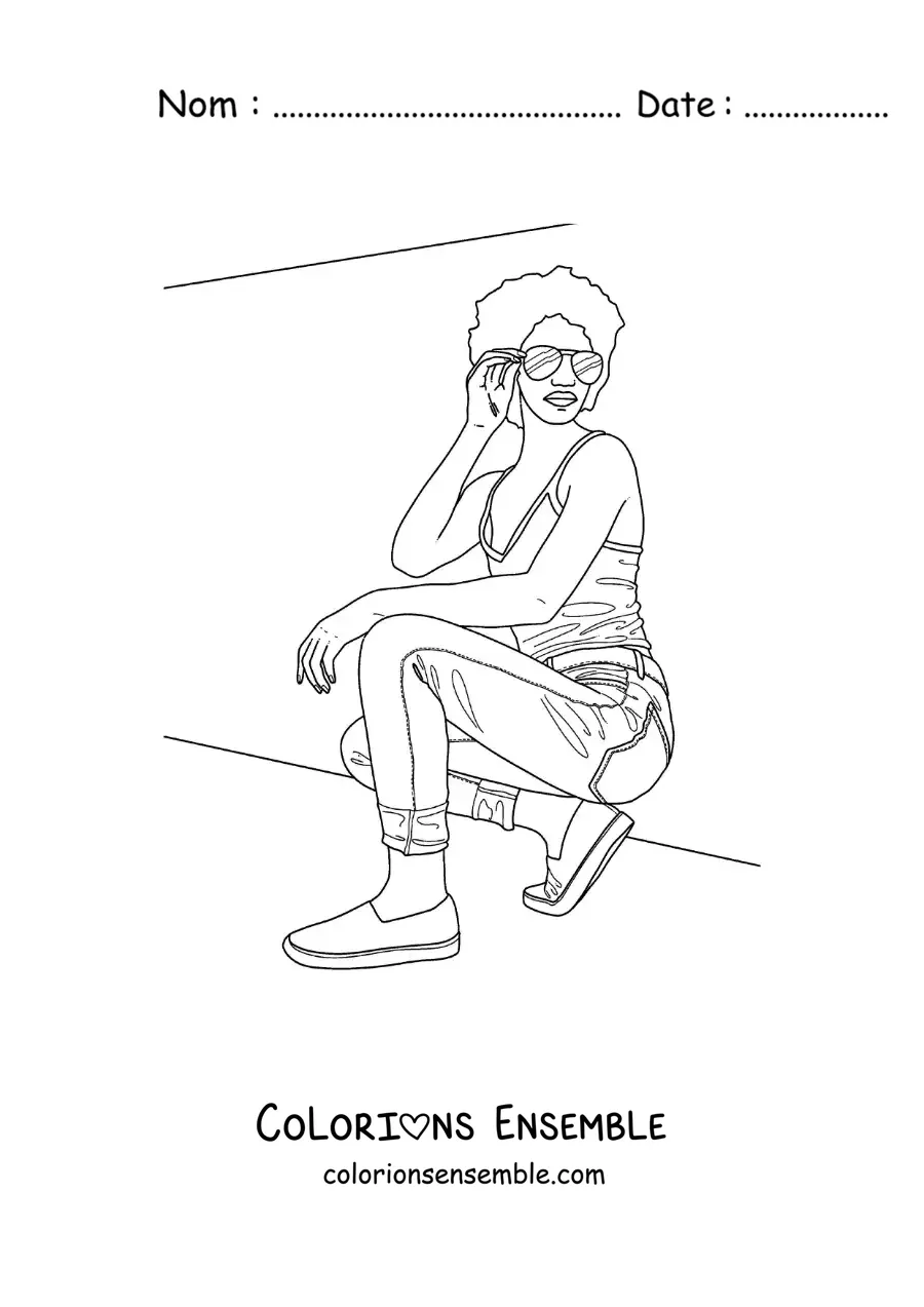 Image à colorier d'une belle femme afro-américaine portant des lunettes à la mode