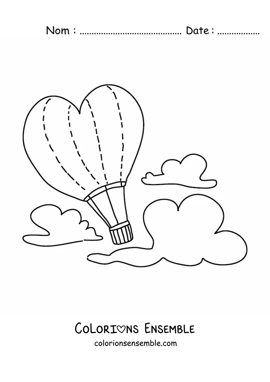 Image à colorier d'une montgolfière en forme de cœur dans le ciel