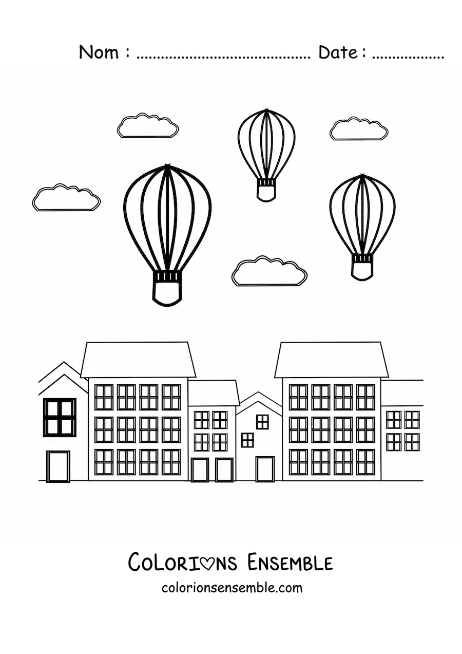 Image à colorier de trois montgolfières qui volent au-dessus de la ville