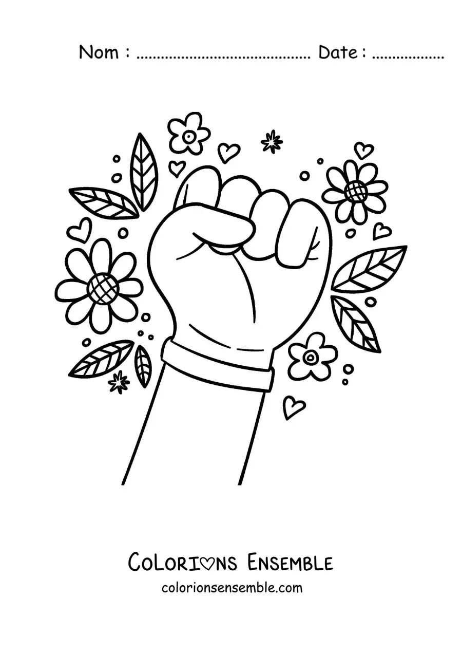 Image à colorier d'une main portant un bracelet, entourée de fleurs