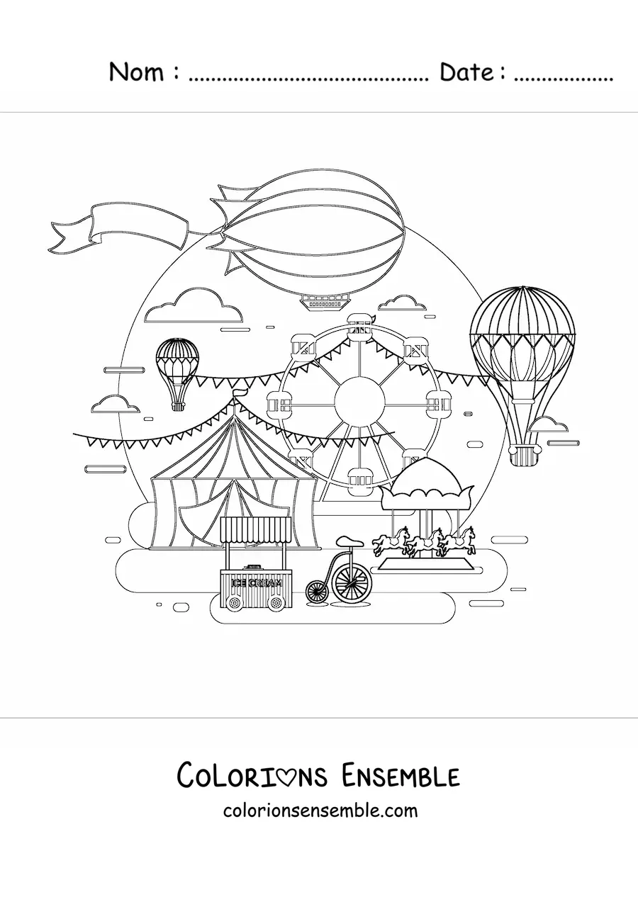 Image à colorier de plusieurs montgolfières qui volent au-dessus d'une fête foraine