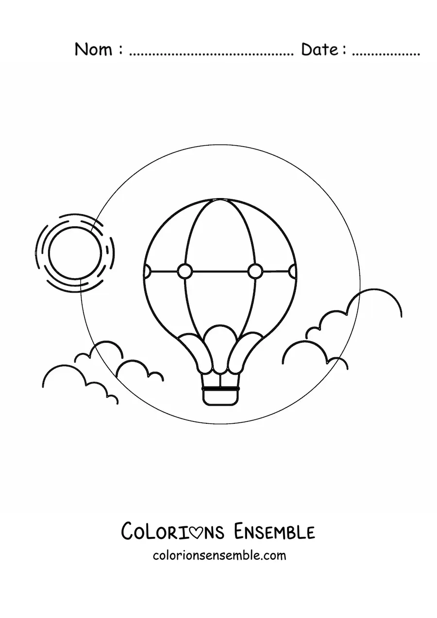 Image à colorier d’une montgolfière dans le ciel devant le soleil
