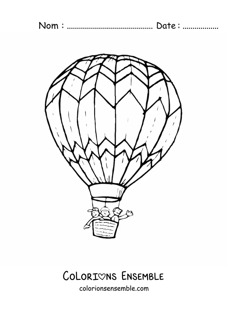 Image à colorier de trois enfants volant dans une montgolfière