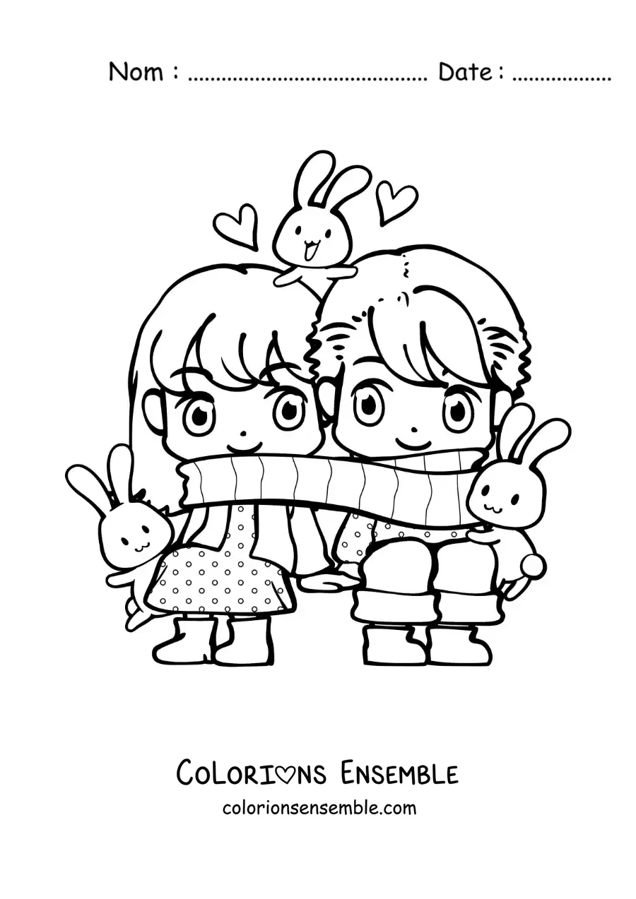 Image à colorier d'un couple kawaii avec une écharpe
