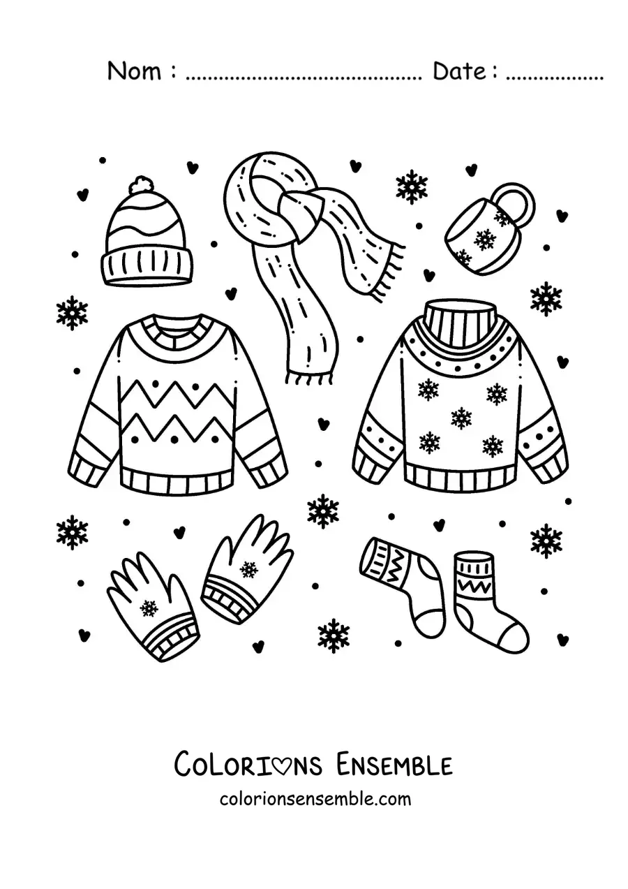 Image à colorier d'une écharpe et de vêtements d'hiver