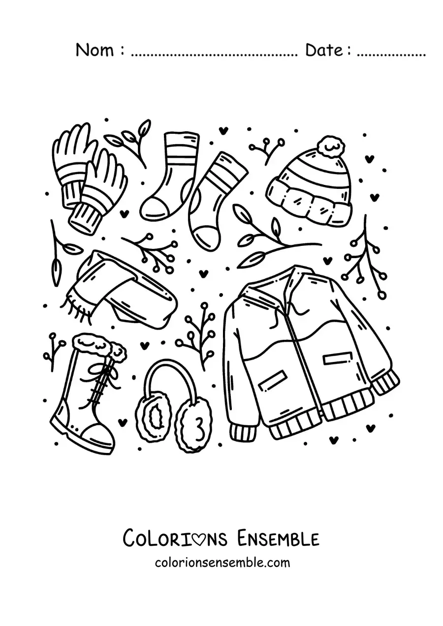 Image à colorier d'un manteau d'hiver avec un bonnet et une écharpe