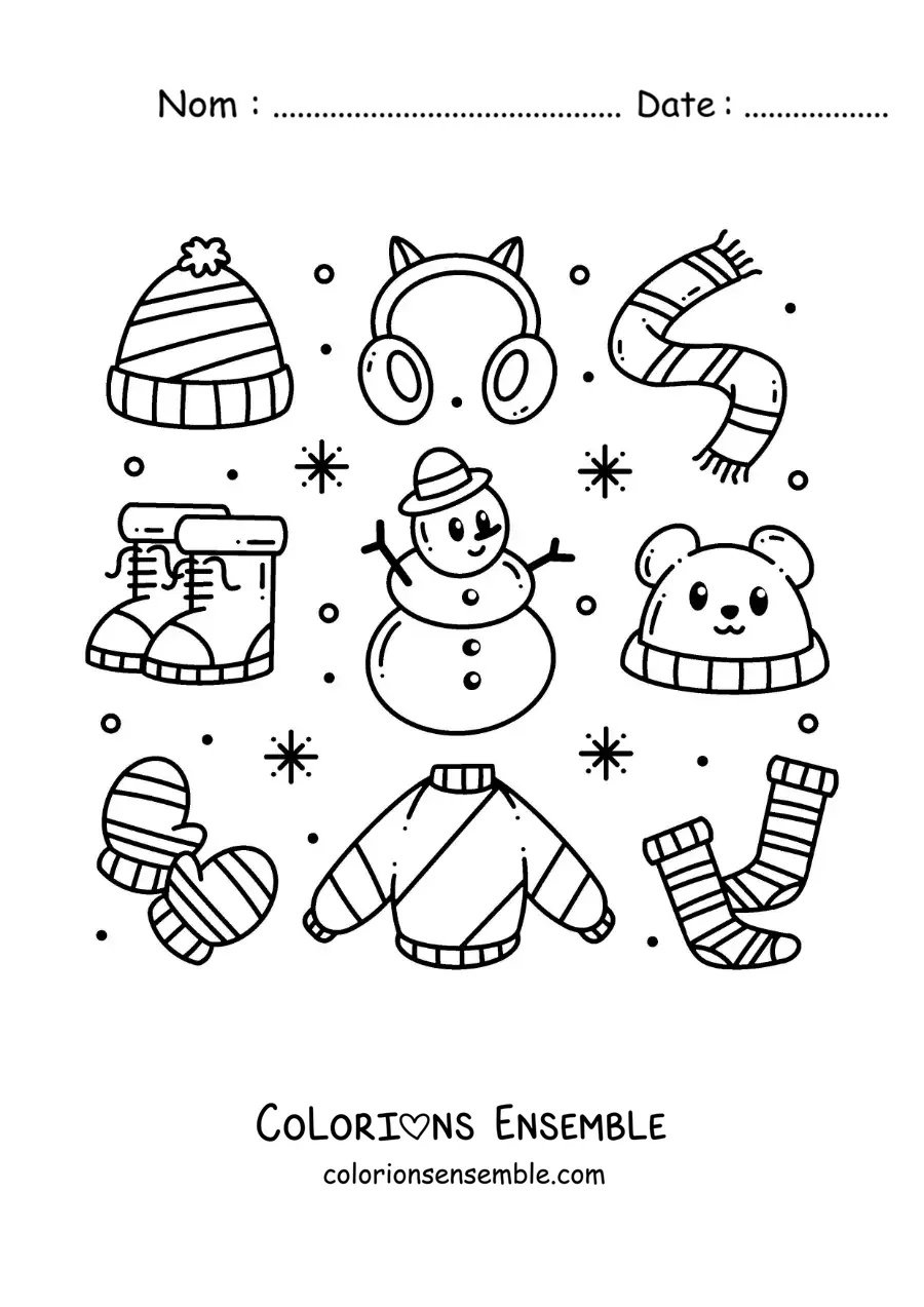 Coloriage d'un bonhomme de neige avec des vêtements d'hiver
