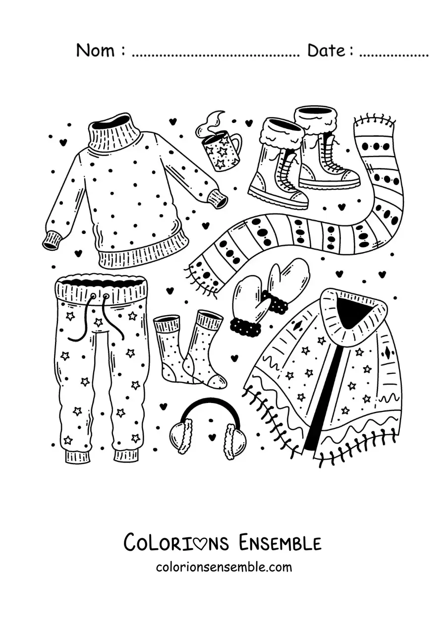 Image à colorier d'une écharpe et de vêtements pour la neige
