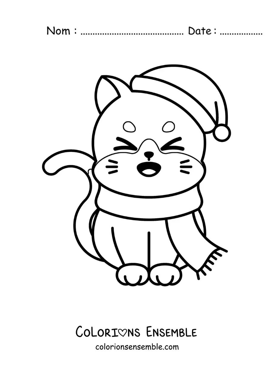 Image à colorier d'un chat animé avec une écharpe et un bonnet de Noël