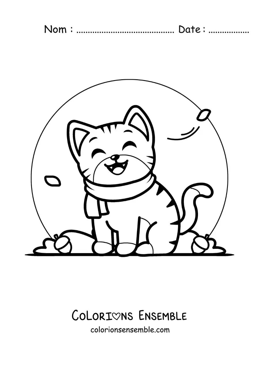 Image à colorier d'un chat animé avec une écharpe en automne
