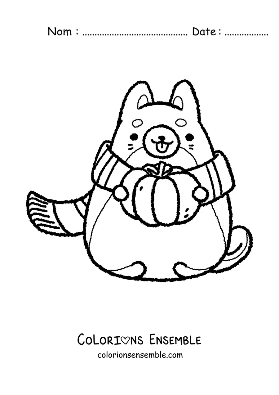 Image à colorier d'un chat animé avec une écharpe et une citrouille en automne