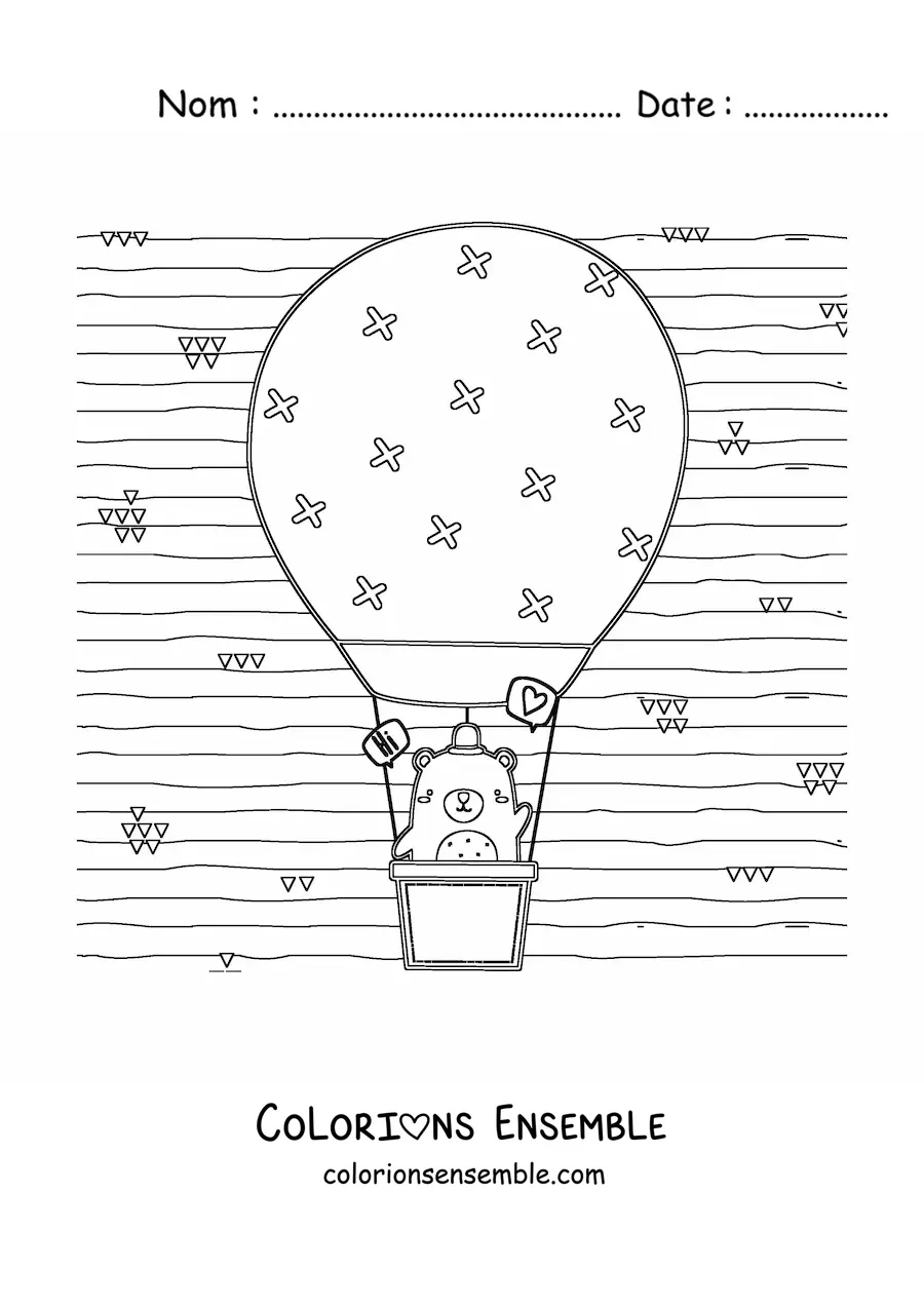 Image à colorier d’un ours kawaii dans une montgolfière