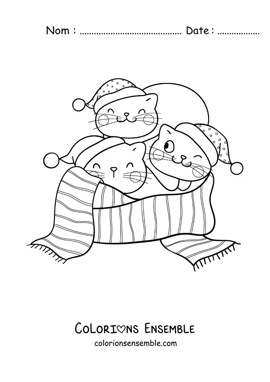 Image à colorier de trois chats animés sur une écharpe de Noël