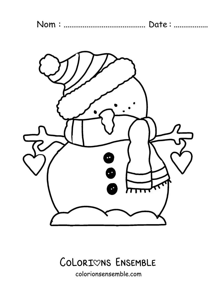 Image à colorier d'un bonhomme de neige animé avec une écharpe et un bonnet