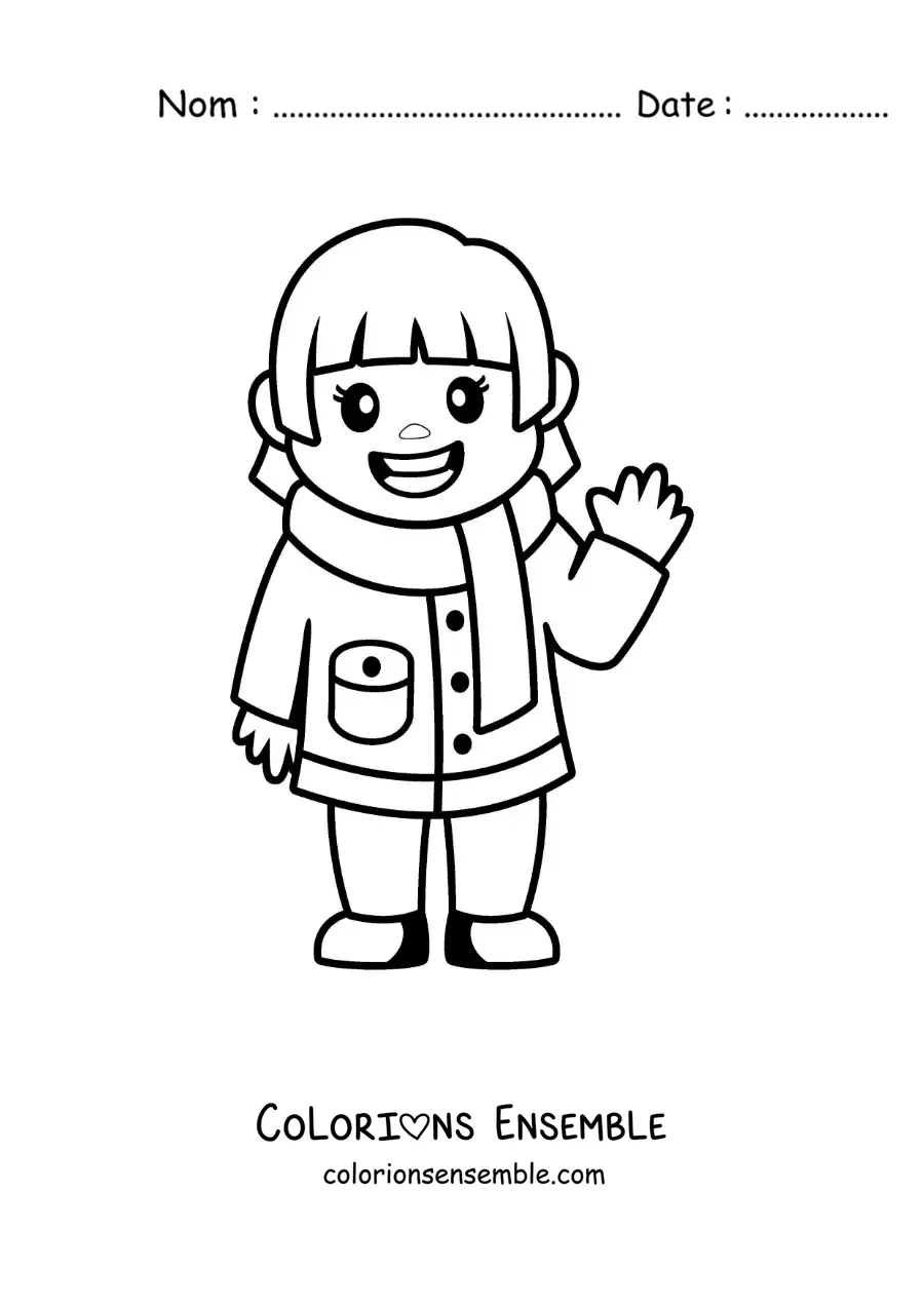 Image à colorier d'une petite fille animée avec une écharpe