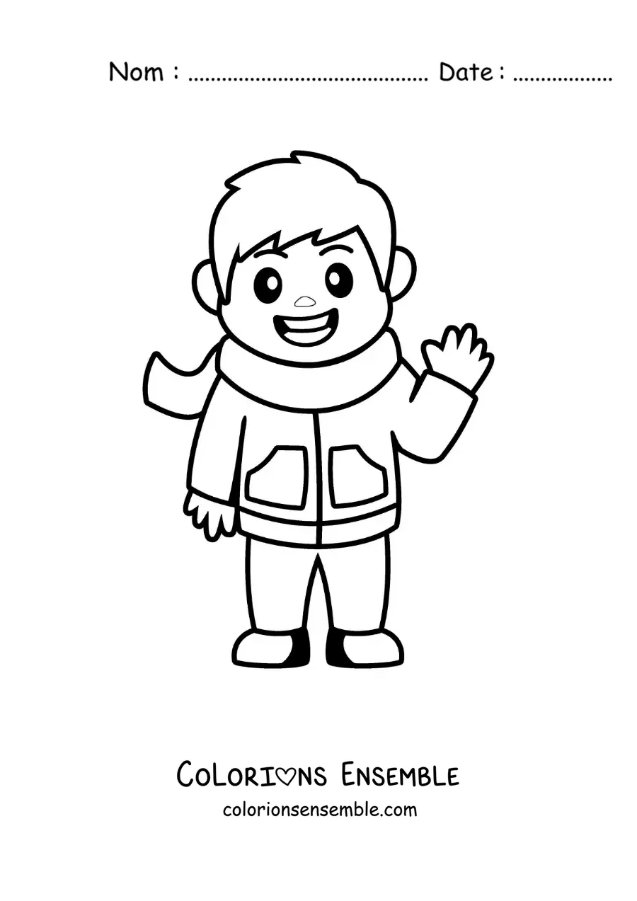 Image à colorier d'un petit garçon animé avec une écharpe
