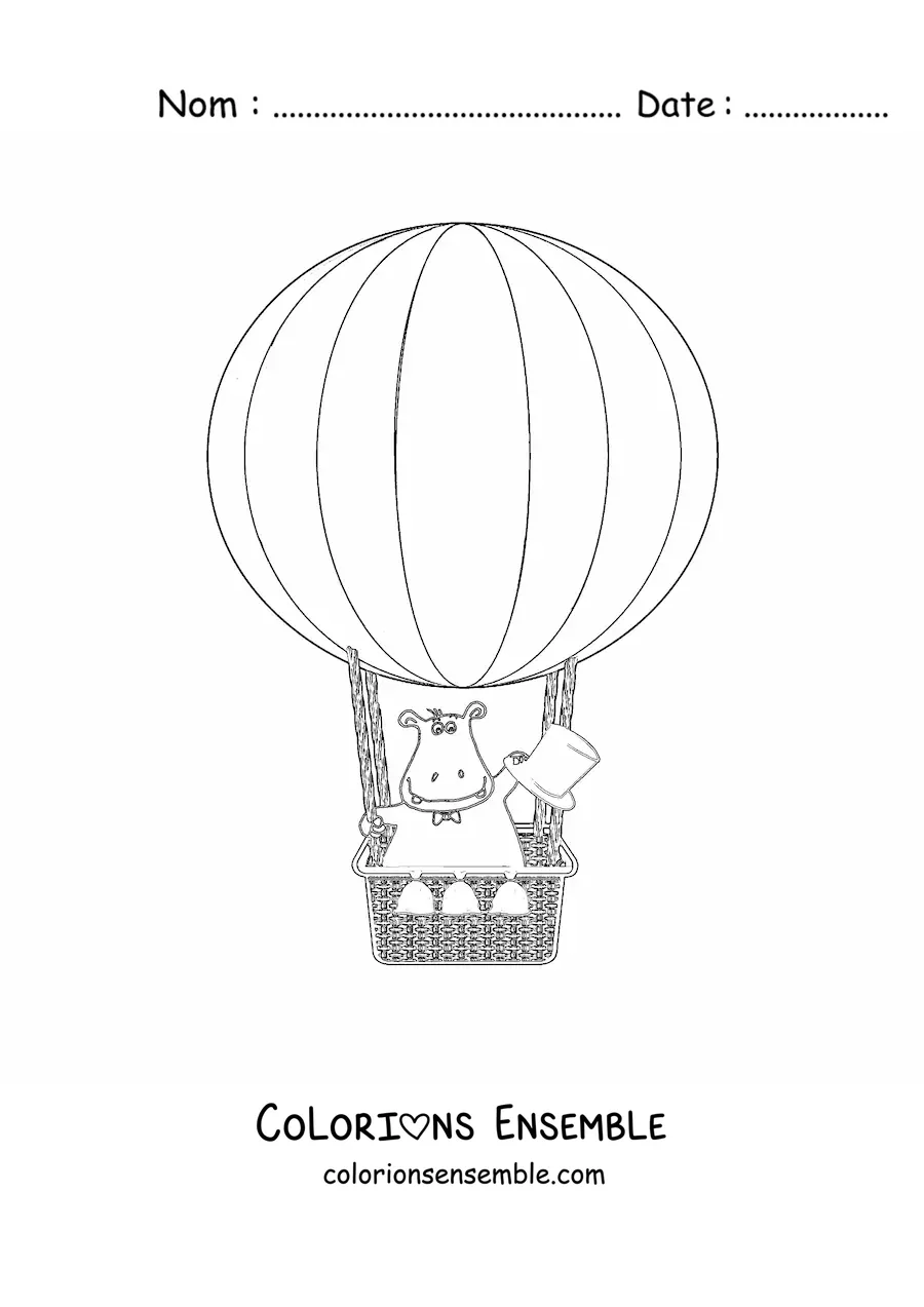 Image à colorier d’un hippopotame volant dans une montgolfière