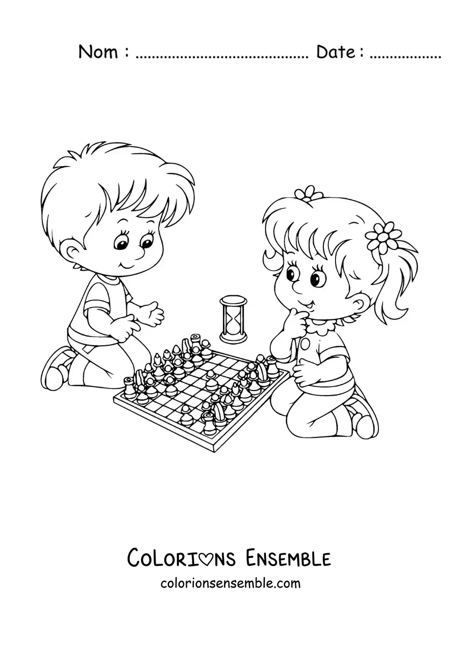 Image à colorier d'un garçon et d'une fille jouant aux échecs