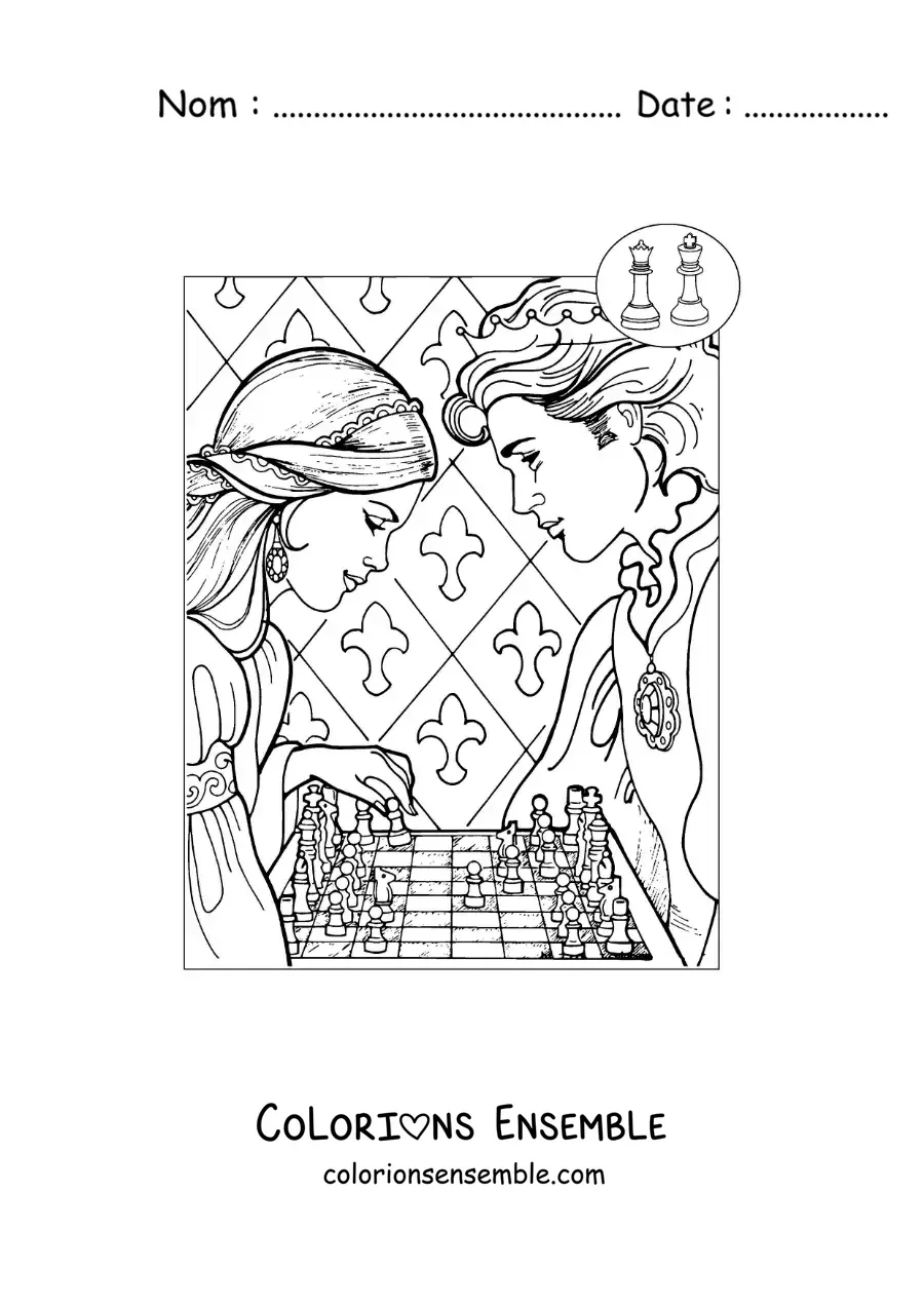 Image à colorier d'une princesse et d'un prince jouant aux échecs