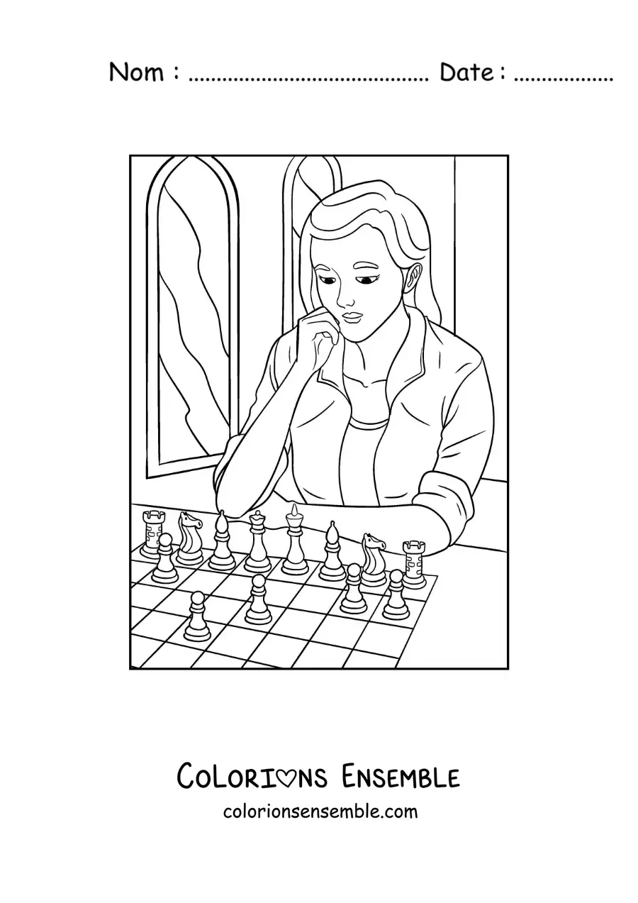 Image à colorier d'une fille jouant aux échecs