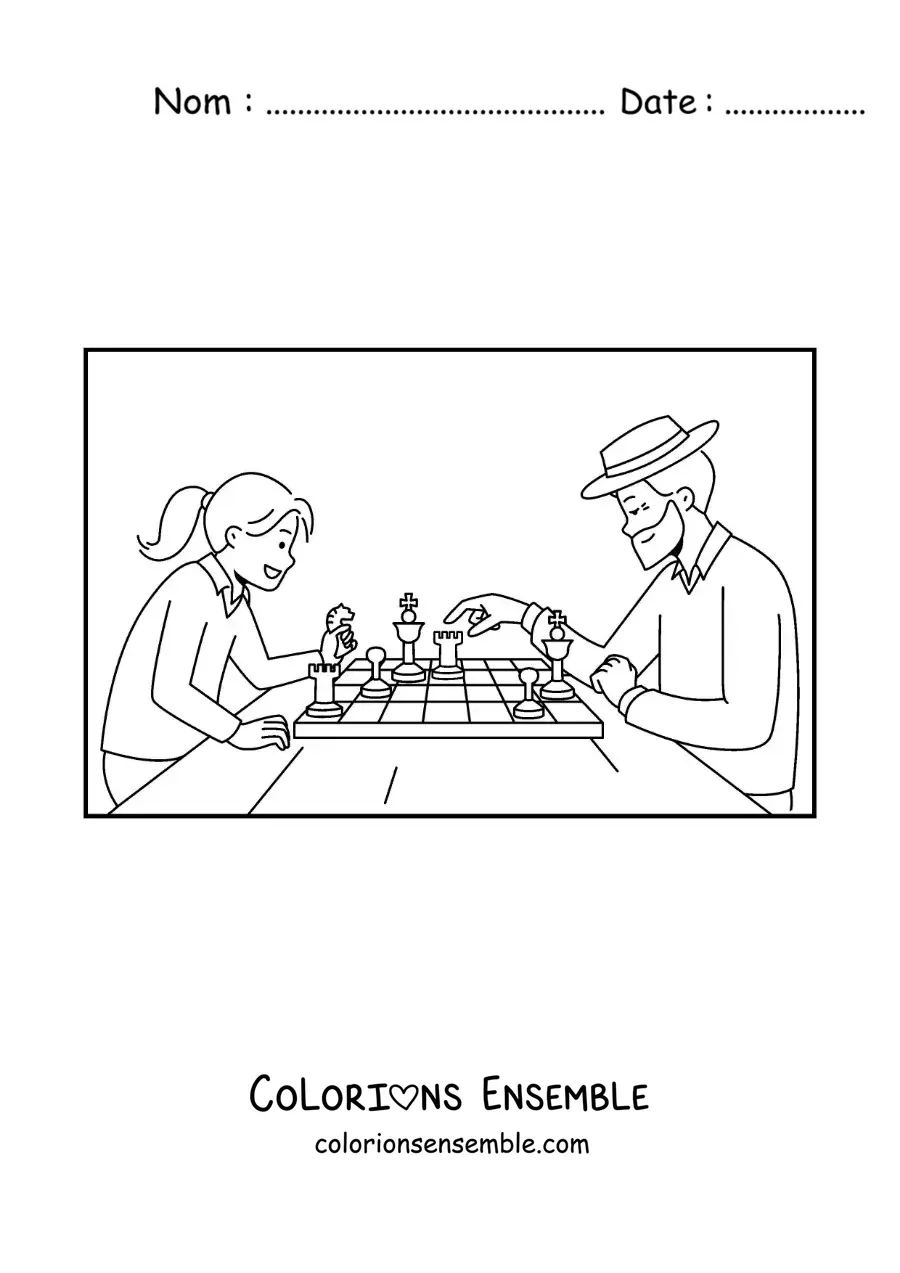 Image à colorier d'une fille jouant aux échecs avec son grand-père