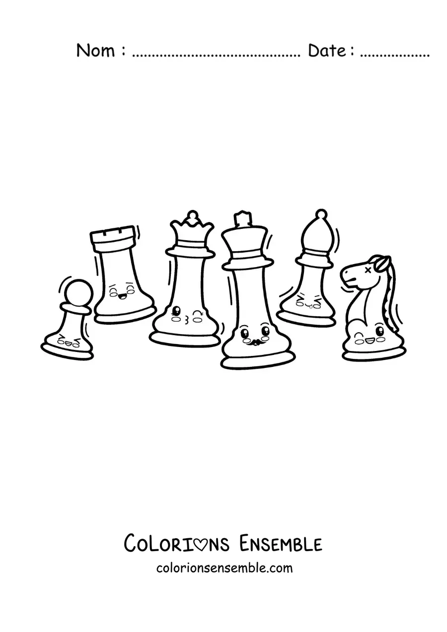 Image à colorier de pièces d'échecs animées kawaii