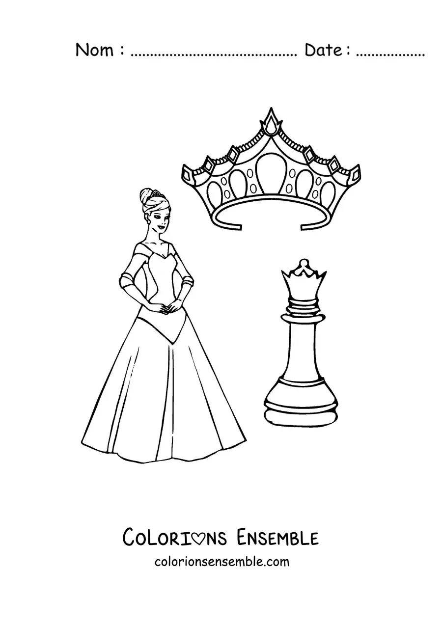 Image à colorier d'une pièce de dame aux échecs avec une couronne et une reine animée
