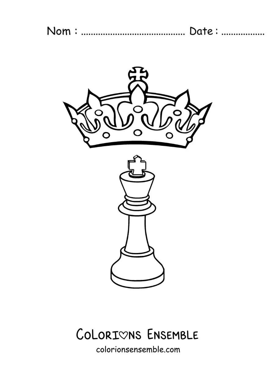 Image à colorier d'une pièce de dame aux échecs et d'une couronne