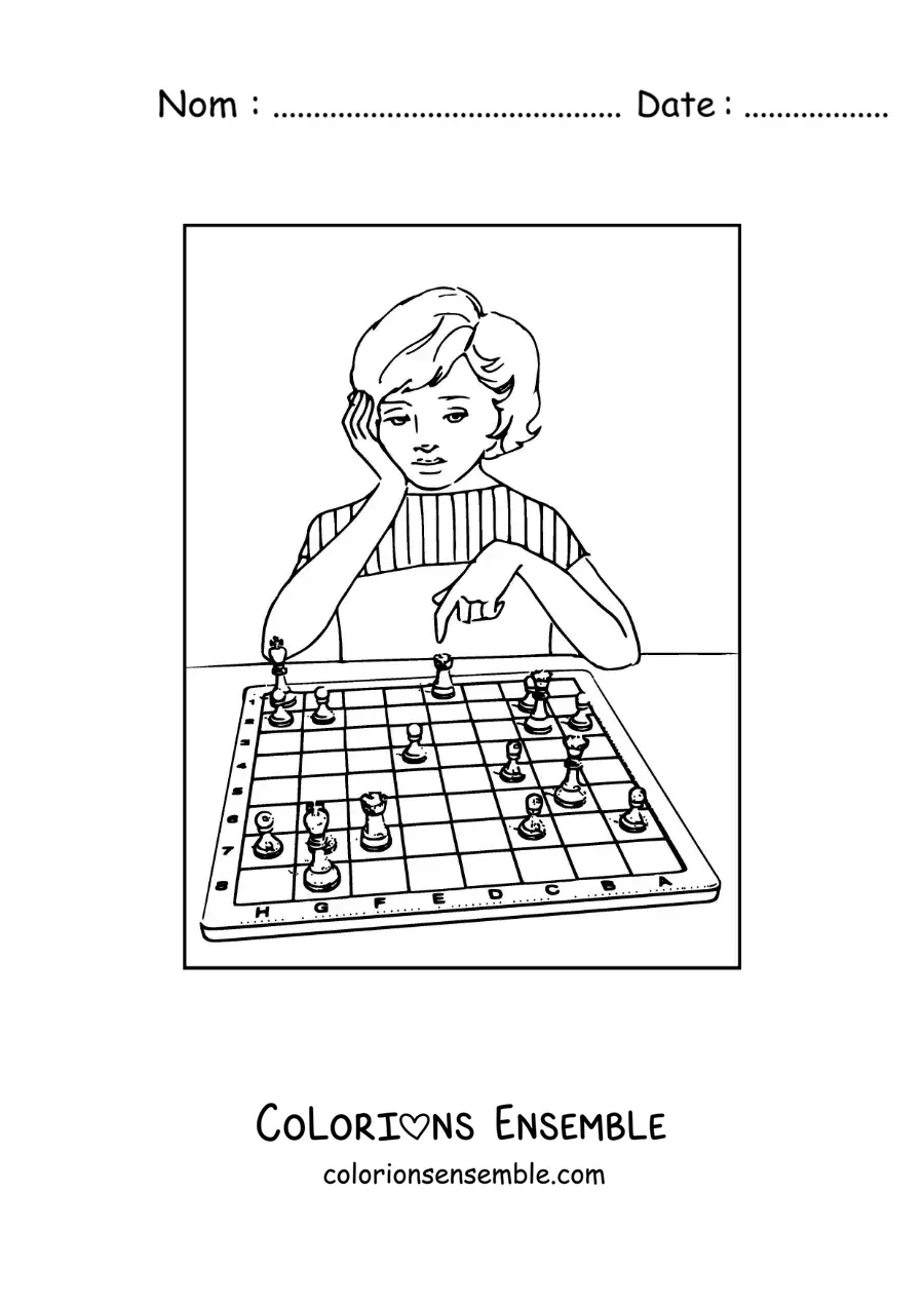 Image à colorier d'une fille jouant aux échecs