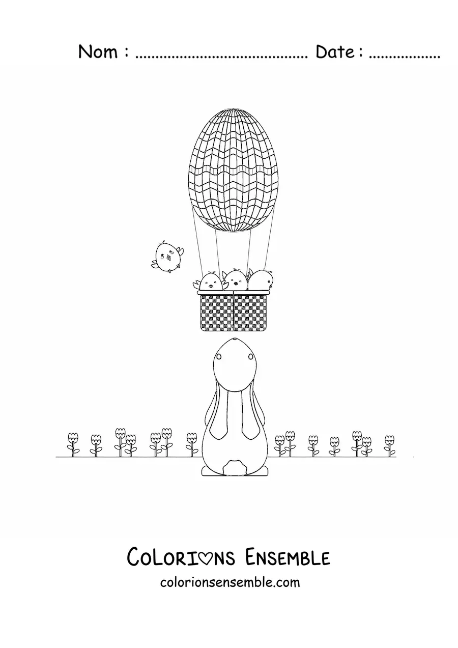 Image à colorier d’un lapin et d’une montgolfière de Pâques