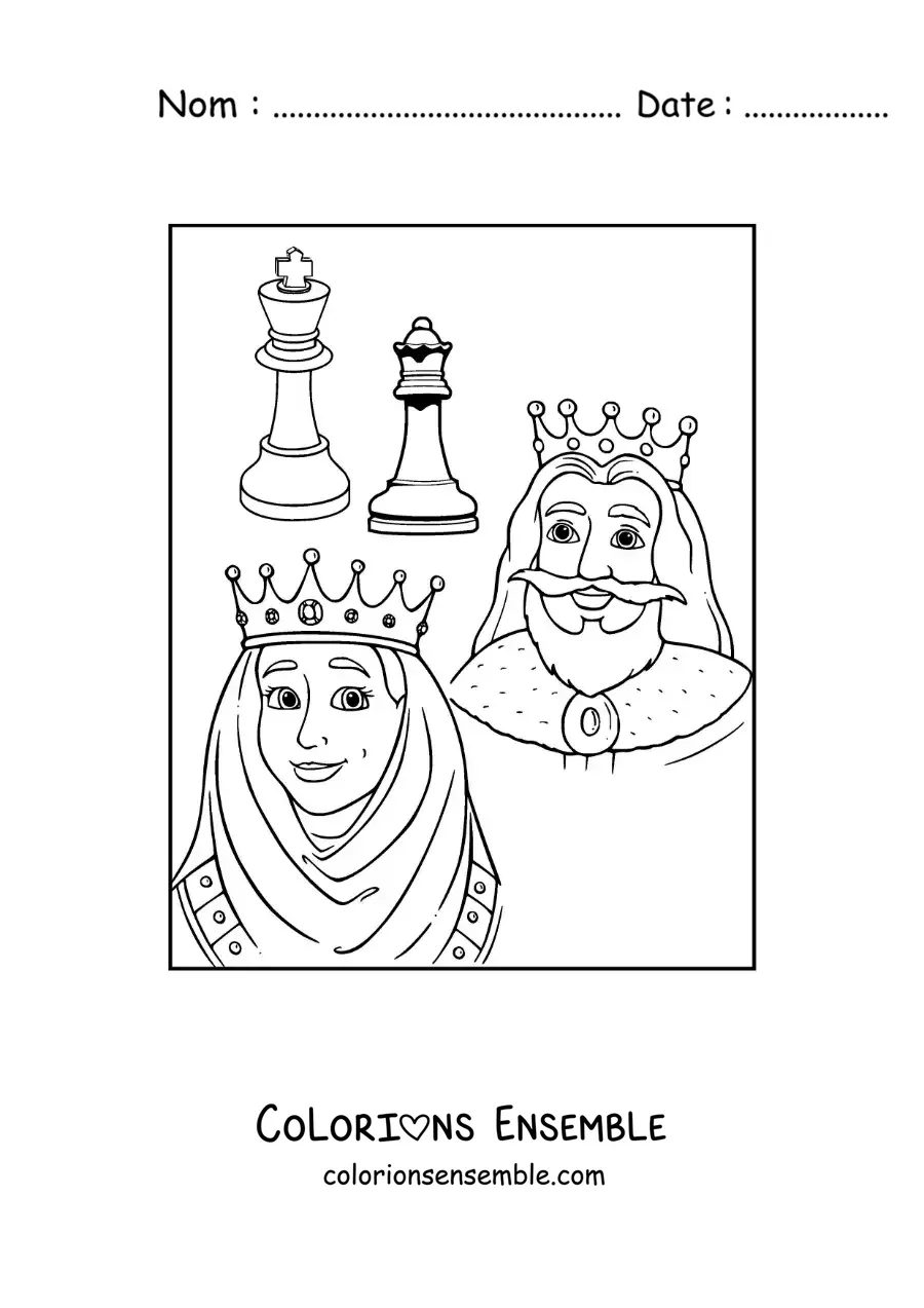 Image à colorier des pièces de dame et de roi aux échecs avec des rois animés