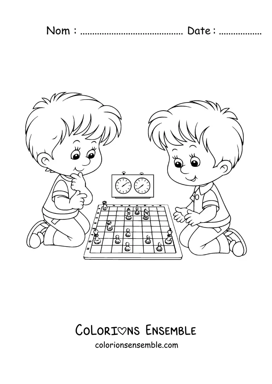 Image à colorier de deux enfants jouant aux échecs